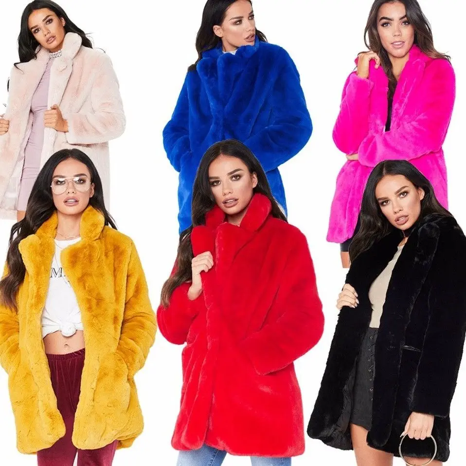

New 2020 Women's Long Coat Warm Faux Fur Outerwear Soft Rabbit Fur Loose Velvet Rabbit Fur Collar Mid-Length Coat