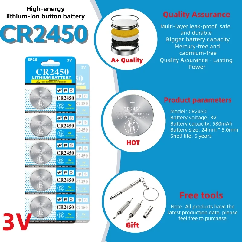 

CR2450 BR2450 3V Lithium Coin Battery 580mAh Watch Battery (Also Fits:5029LC, LM2450, DL2450, CR2450N Button Batteries