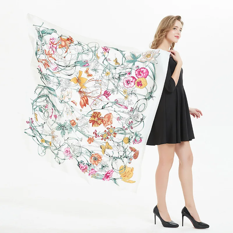 Bufanda cuadrada grande de diseño Floral para mujer, chal de seda de sarga de 130cm, chal de moda de marca de lujo