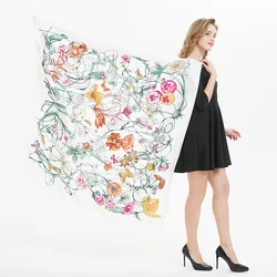 Grand Foulard Carré au Design Floral pour Femme, Marque de Luxe, 130cm, Châle en Sergé, à la Mode