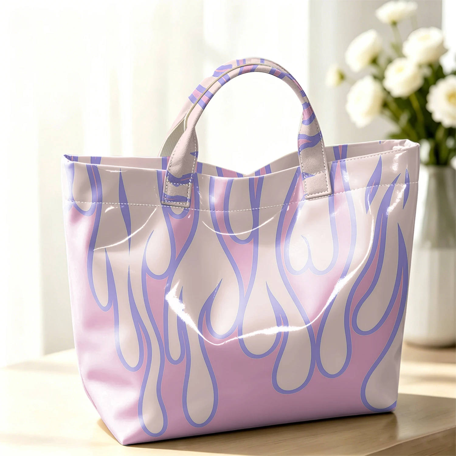 Pastel Flame Cute Large Glossy PVC Tote Bag Hand Washable Lightweight Soft Great for Travel Commute Makeup Storage Handbags