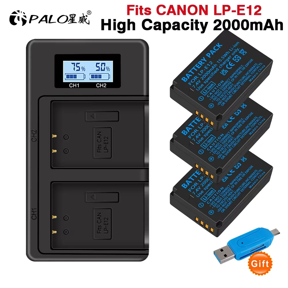 PALO 100% Original LP-E12 LP E12 LPE12 Li-ion Battery+LCD USB Dual Charger for Canon EOS M50, EOS M100, 100D Kiss X7 Rebel SL1