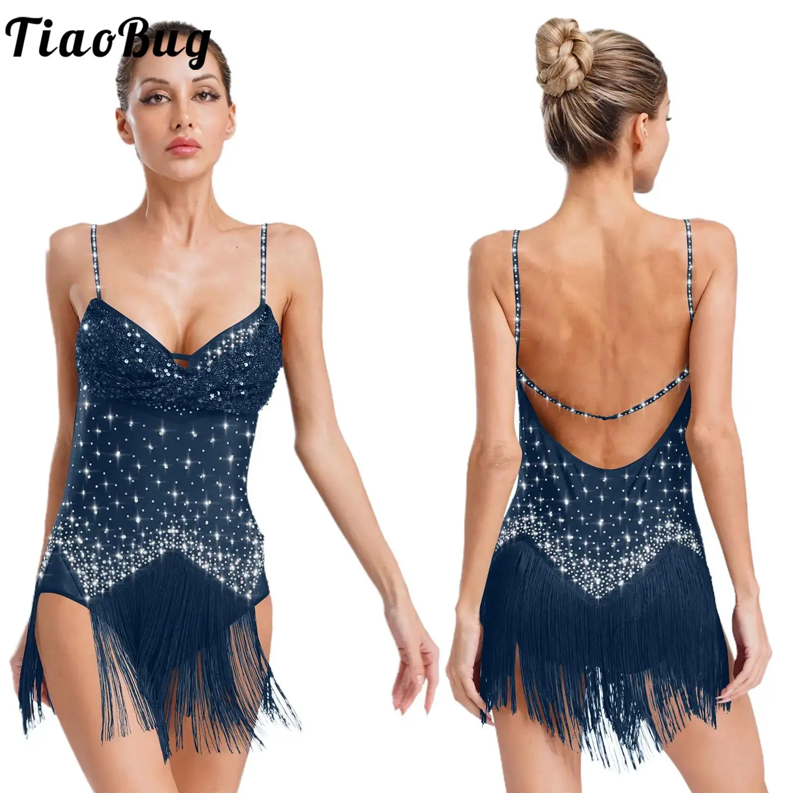Vestido de leotardo de baile latino Chacha Salsa con diamantes de imitación de una pieza con falda y flecos para Samba Tango Rumba Ropa de baile