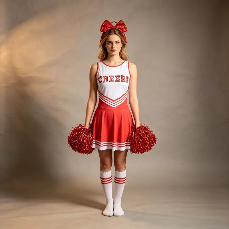 School Cheer Squad Outfit 4 Piece Set With Bow Tie And Pom Poms Stage Dance Performance Costume Photoshoot Decor