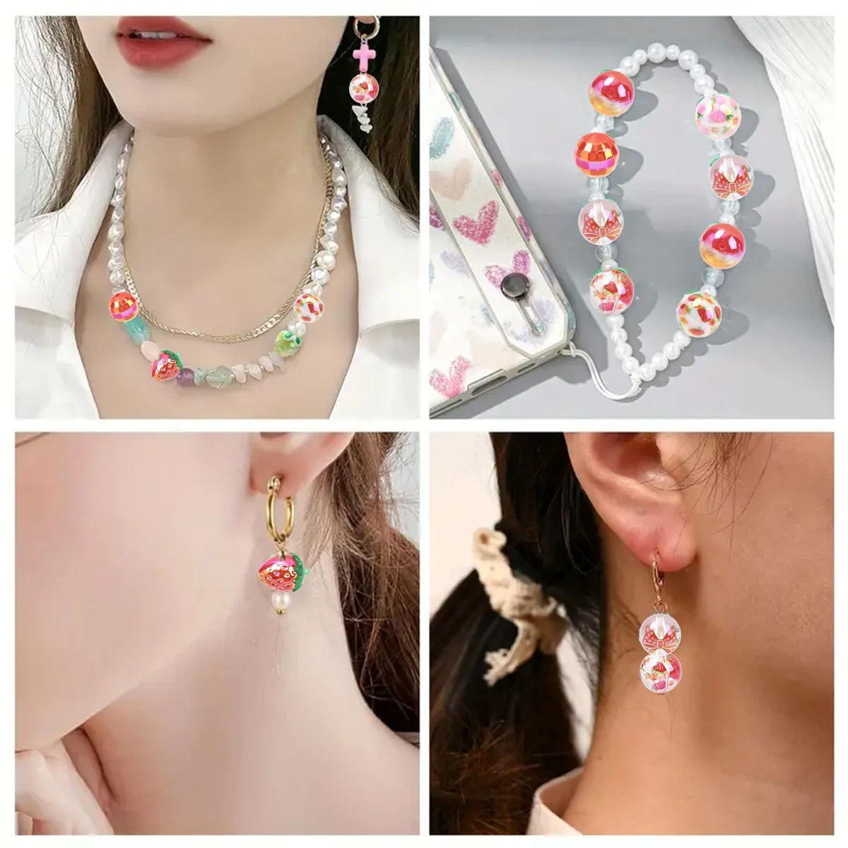 15 قطعة من خرز الأكريليك الشفاف-AB مطلي بالفراولة خرز فضفاض لسلسلة مفاتيح مجوهرات ذاتية الصنع سوار قلم مطرز حرفي