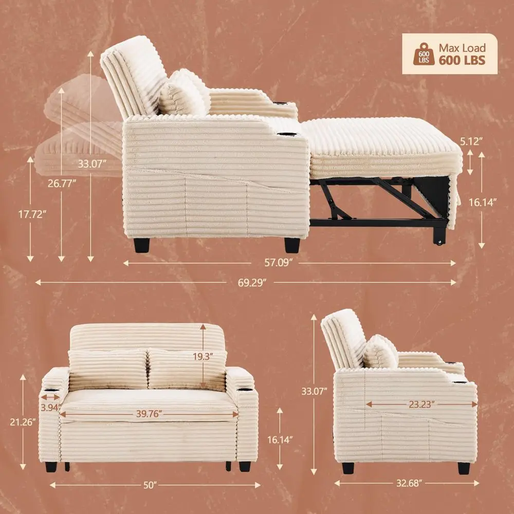 

Beige Futon Sofa Bed Convertible Loveseat Sleeper Sofa Couch, Corduroy Pullout Sofa Fold Out Couch Bed with USB Ports, Cup Hold