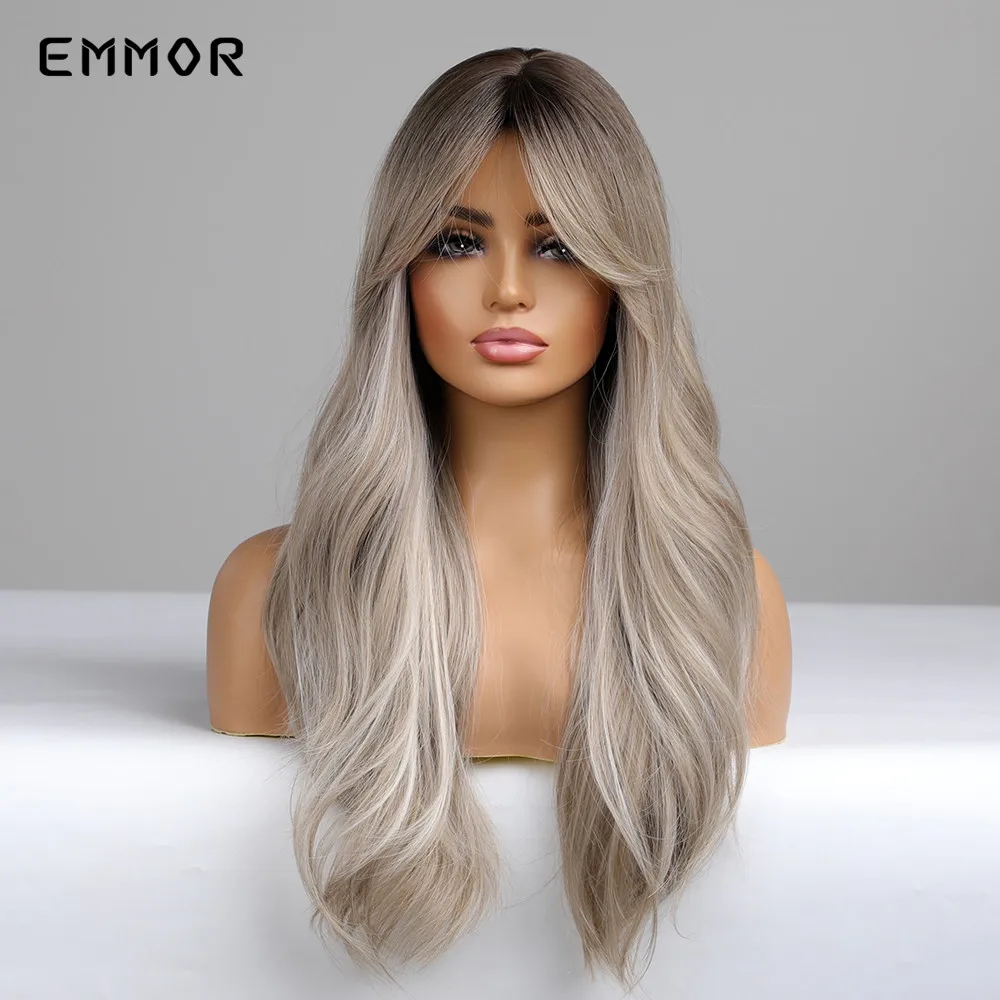 Emmor Synthetic Long Wavy Wigs with Bangs Cosplay Natural Ombre Brown to Ash Brown Hair for Women High Temperature Fiber Wig