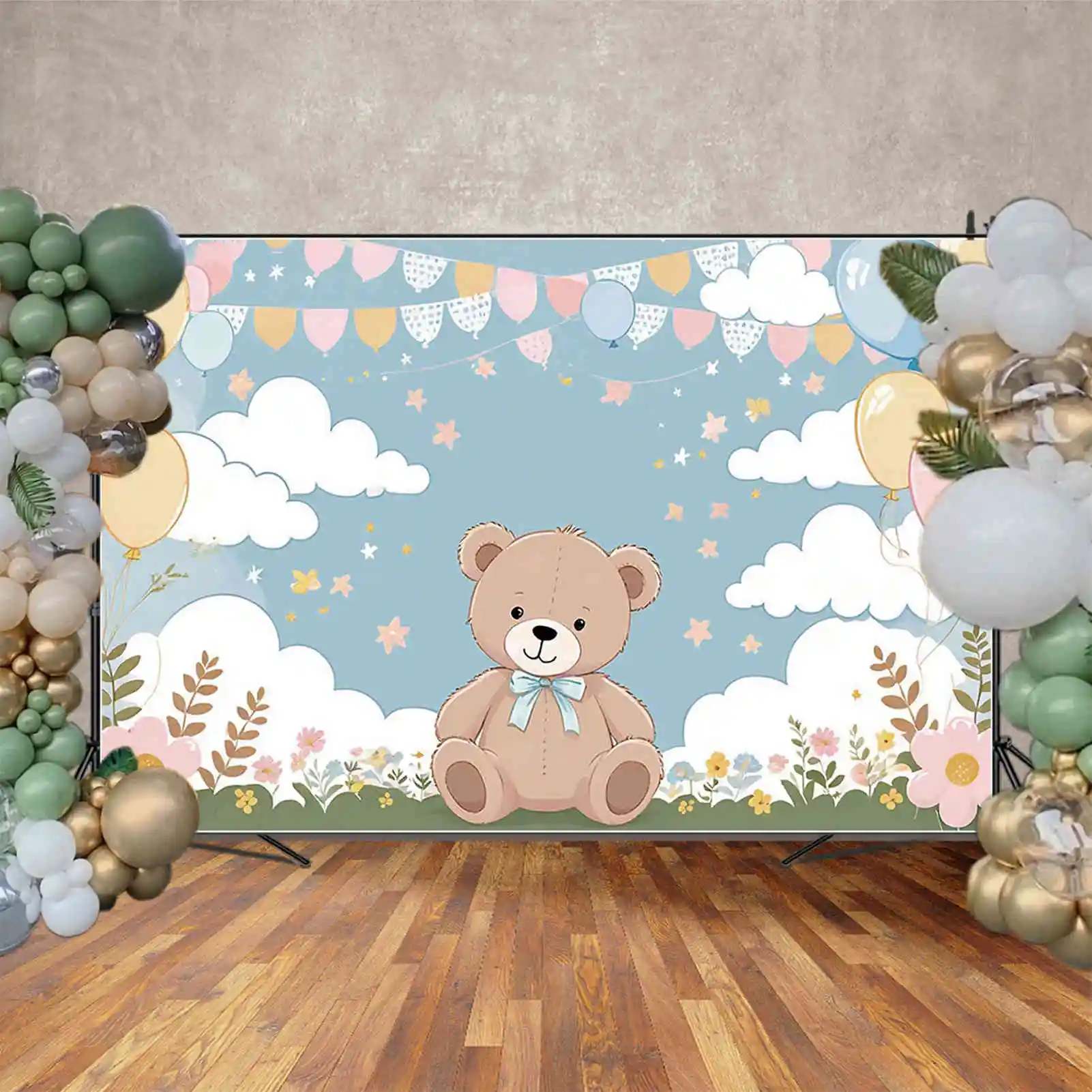 MOON.QG Cartoon Teddy Bear Background Photography Banner Cartoon Birthday Photozone Backdrop Baby Photo Studio Photocall Props