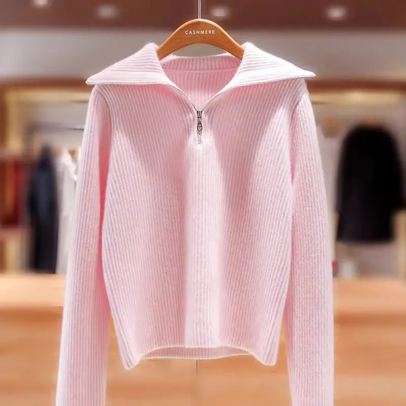 2024 Hot Sale Autumn Winter Women\'s 100% Cashmere Sweater Turndown Collar Pullover Female Fashion Loose Thicken Knit Jumper