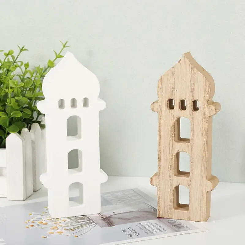 Wooden Castle Ornaments Wooden Ornaments Castle Wood Cutouts 3D Eid Wooden Decor Thickened Ceremony Ornaments Holiday Table