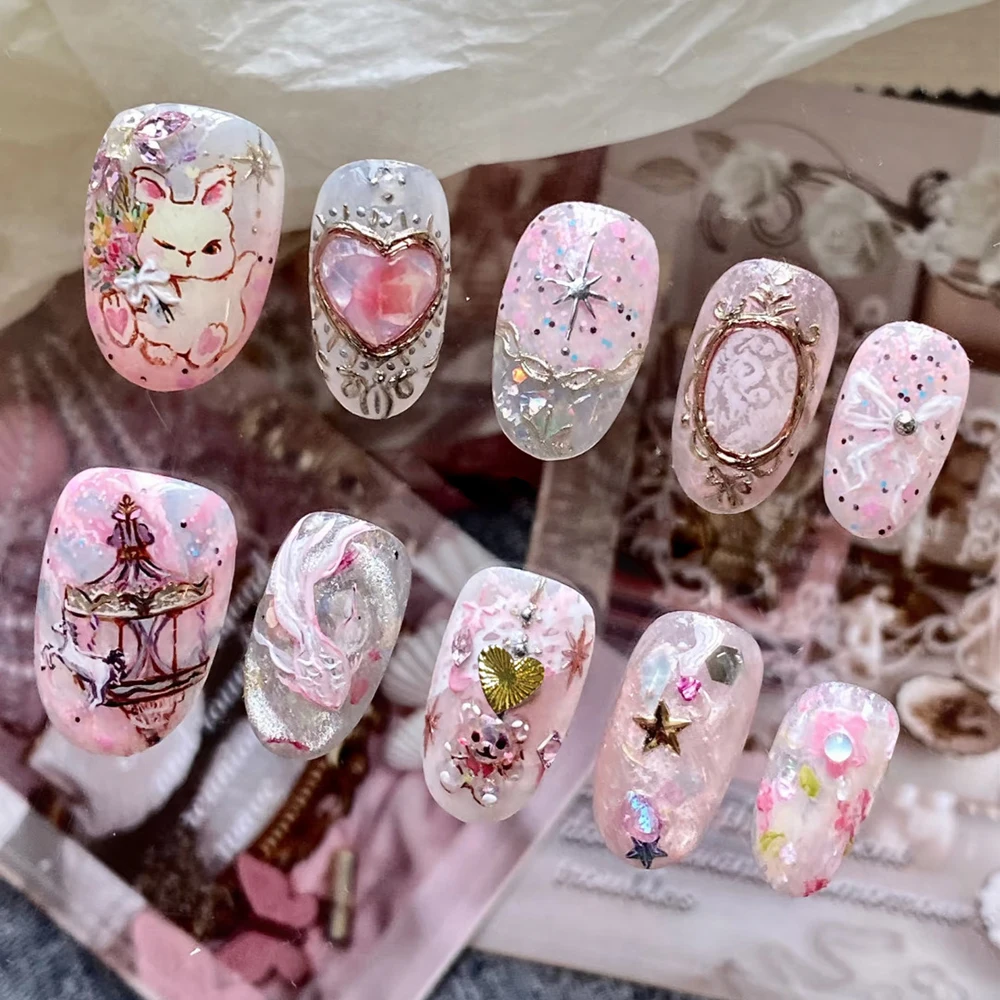 

10pcs/Pack Sweet Wearing Armor Cute Rabbit Nail Tips Press On Fake Nails DIY Pink Heart Almond False Nails Home Manicure Design