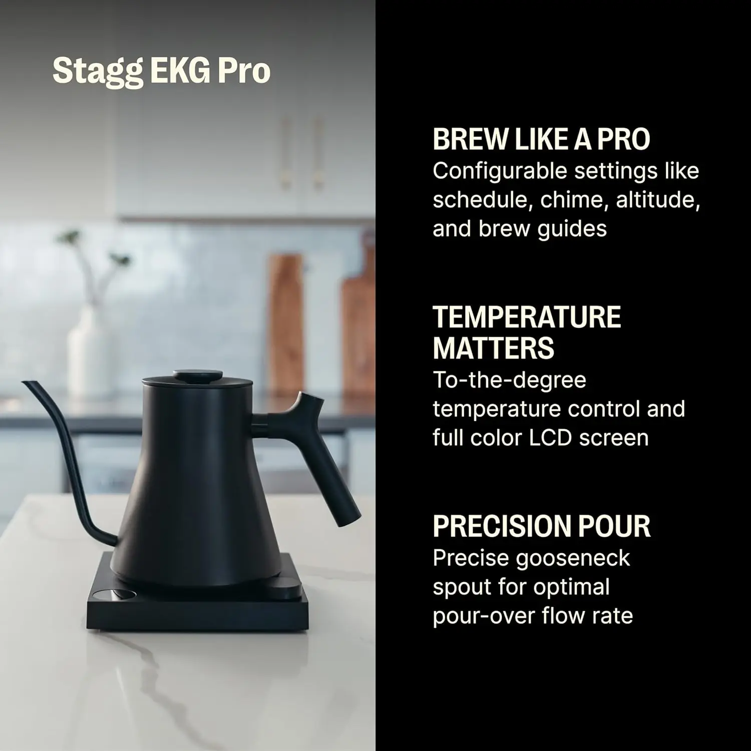 EKG Pro Electric Gooseneck Kettle - Pour-Over Coffee and Tea Pot, Stainless Steel, Quick Heating, Matte Black, 0.9 Liter