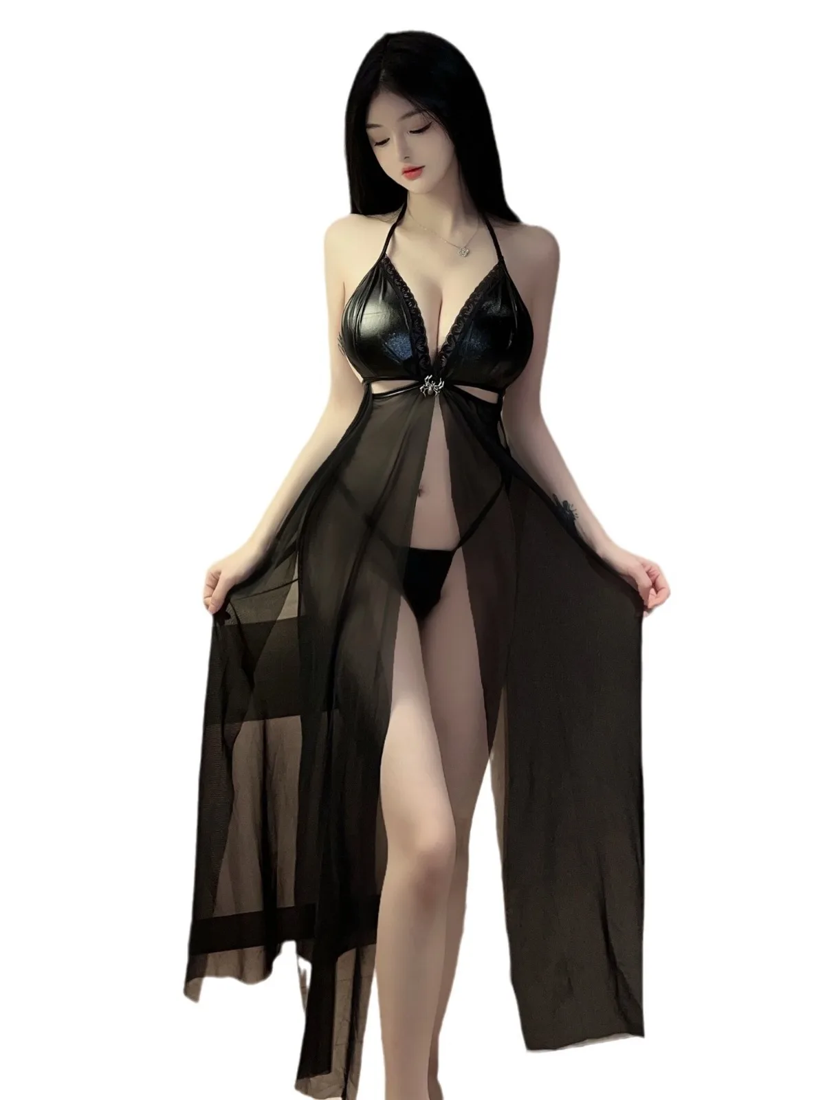 الملابس الداخلية عالية مثير الشق فستان طويل أنيق فضفاض المناسب معلقة الرقبة نمط الدانتيل الأسود العميق الخامس الرقبة نمط الأخت الإمبراطورية AV98