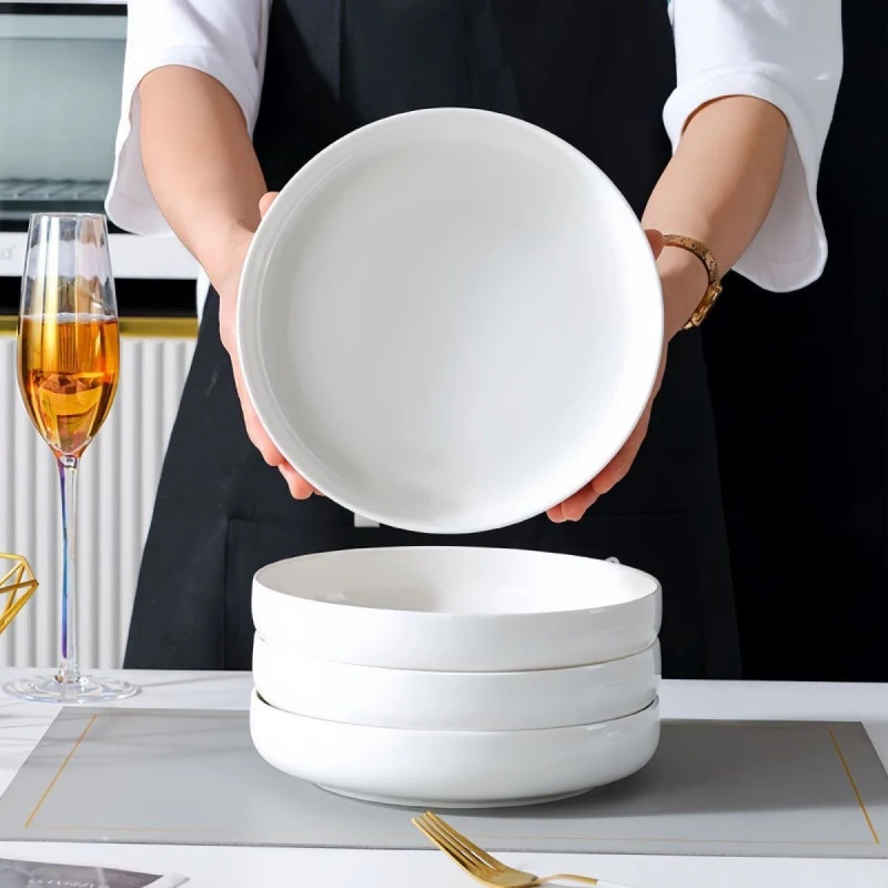 8 In -1/4pc White Ceramic Salad Bowl Deep Plate - Microwave Safe Porcelain Serving Dish for Home Kitchen, Restaurant