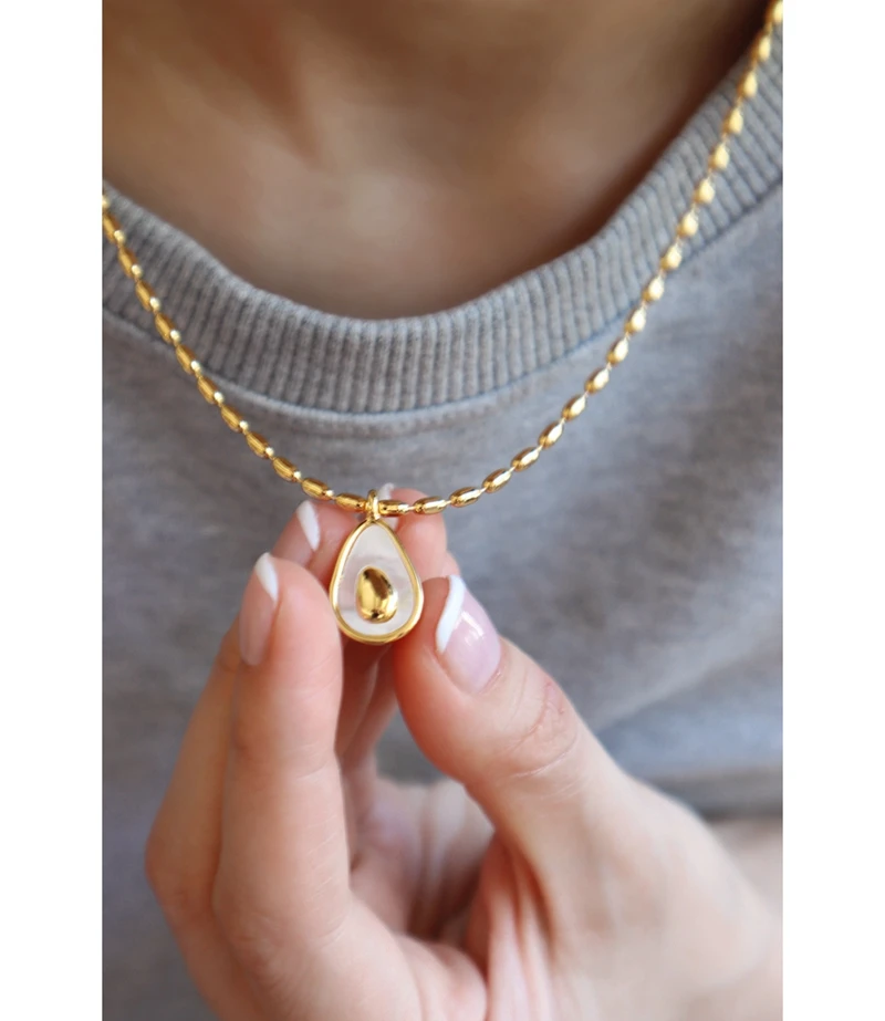 Titanium With 18K  Avocado Shell Pendant Beads Chain Necklace Women Jewelry Vintage Punk Designer Runway Gown Boho Japan Korean