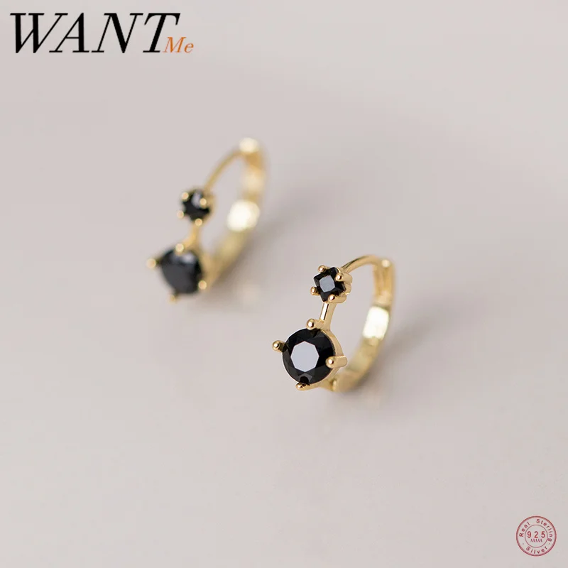 WANTME 925 Sterling Silver Simple Shiny Black Zircon Statement Ear Buckle for Women Fashion Elegant Party Hoop Earrings Jewelry