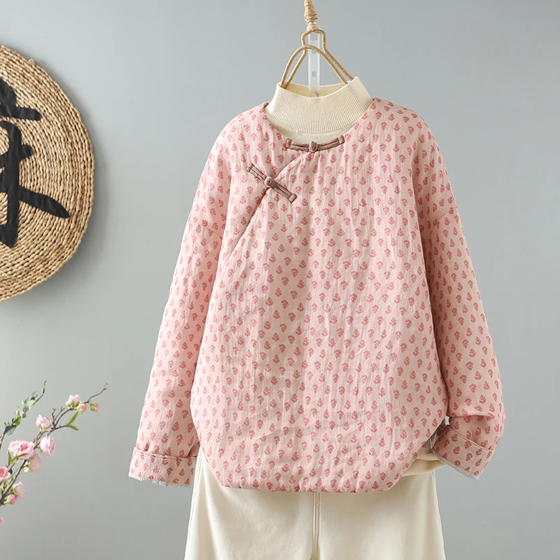 

Ретро-куртка с круглым вырезом из хлопка и льна с принтом, в китайском стиле, свободного кроя, утепленная, зимнее пальто с розовым цветочным узором, женская верхняя одежда