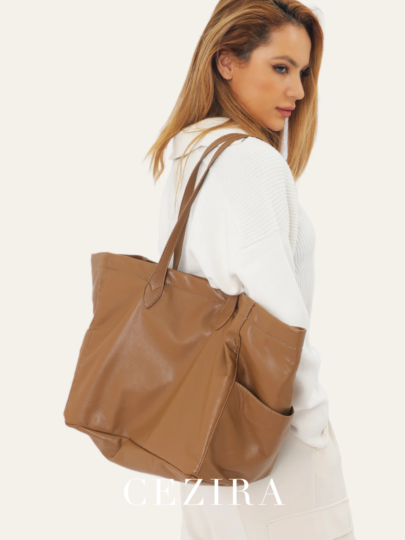 

CR Women Fashion PU Vegan Leather Large Capacity Tote Multi Pockets Casual Daily Big Shoulder Handbag Purse Commute Shopping