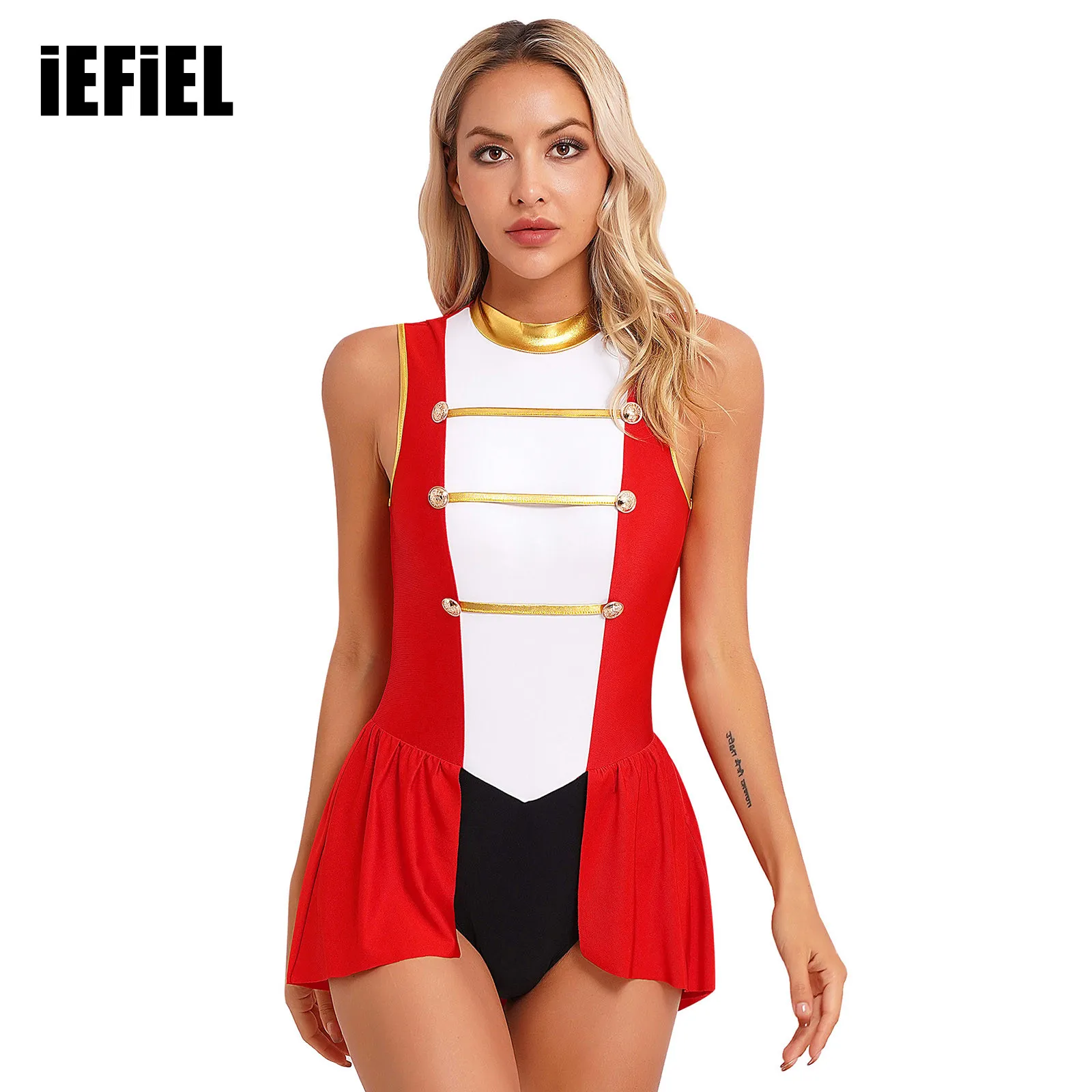 

Women Circus Ringmaster Bodysuit Halloween Cosplay Costume Sleeveless Back Cutout Skirted Jumpsuit