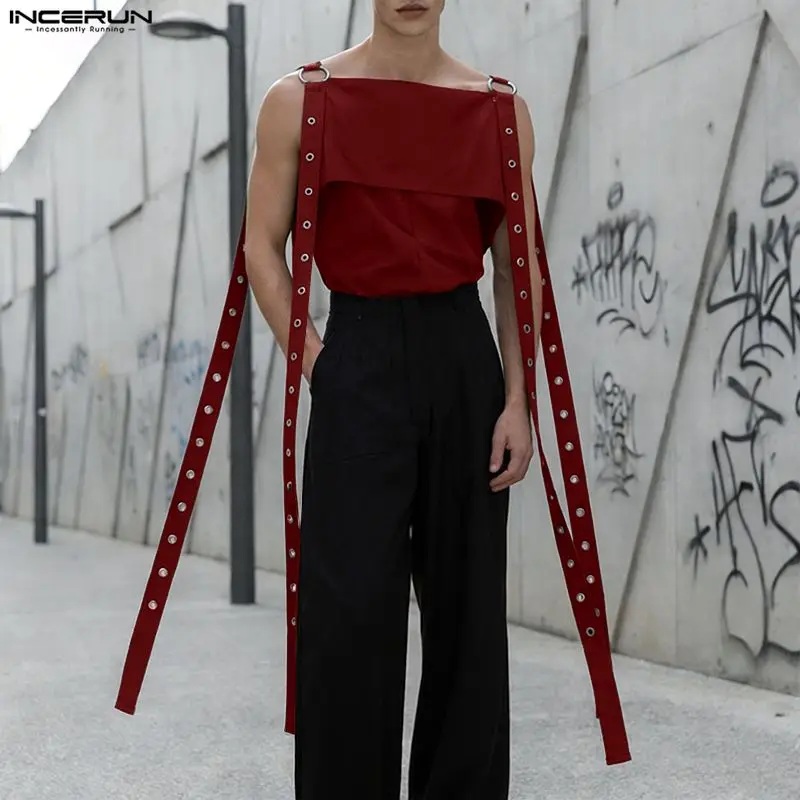 INCERUN Herren-Tanktops, einfarbig, quadratischer Kragen, ärmellose Herrenwesten, Sommer-Herrenkleidung mit Gürtel, Streetwear, lässige Crop-Tops