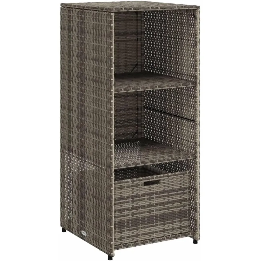 

Outdoor Patio Storage Cabinet - Gray PE Rattan Tool Organizer with Shelves/Drawer, Weather-Resistant, Sturdy Steel Frame