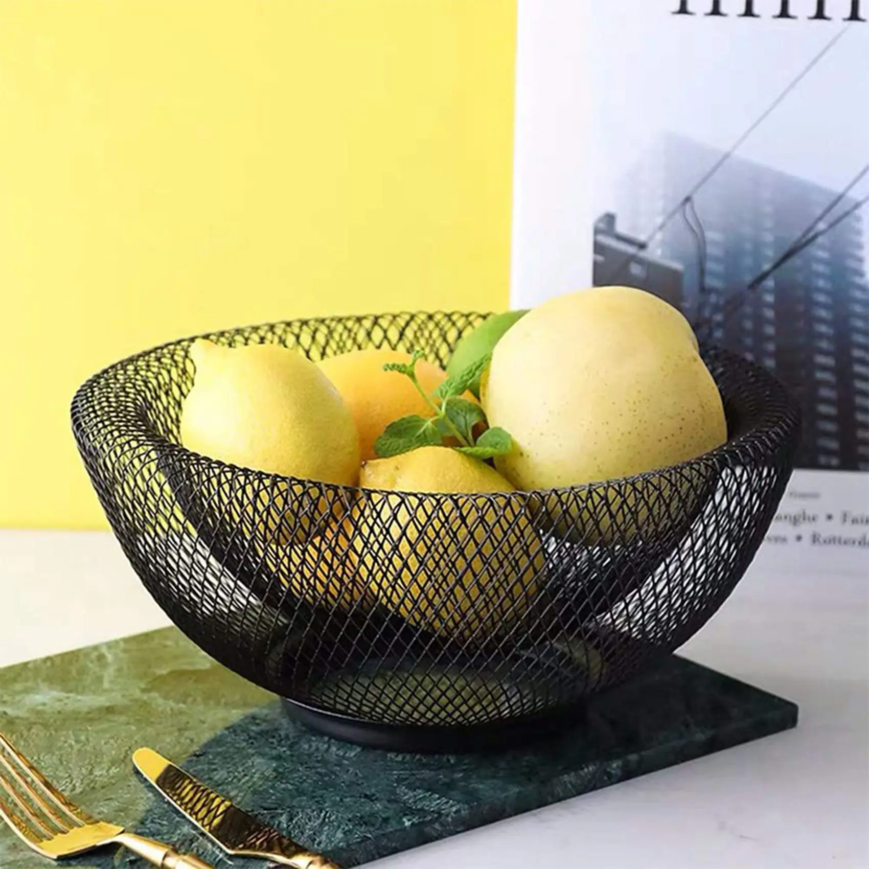 AFOURT-2X Metall-Netz Kreativer Arbeitsplatten-Obst- und Snackkorb-Ständer für die Küche, Großer Schwarzer Tisch-Mittelstück-Halter – Detail 2