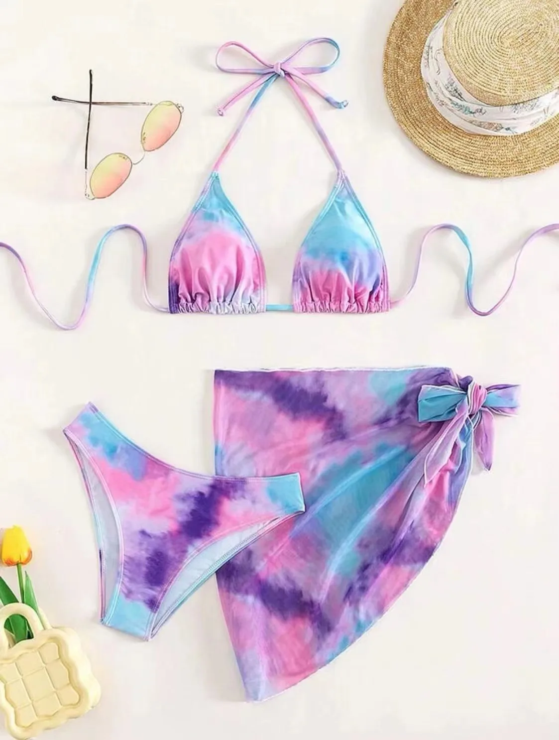 Sexy halter damskie tie dye zestawy bikini we wzory trzyczęściowy z spódnica z siatki kostiumami kąpielowymi kostium kąpielowy stroje plażowe biquini