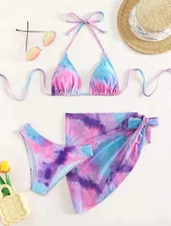 Sexy halter damskie tie dye zestawy bikini we wzory trzyczęściowy z spódnica z siatki kostiumami kąpielowymi kostium kąpielowy stroje plażowe biquini