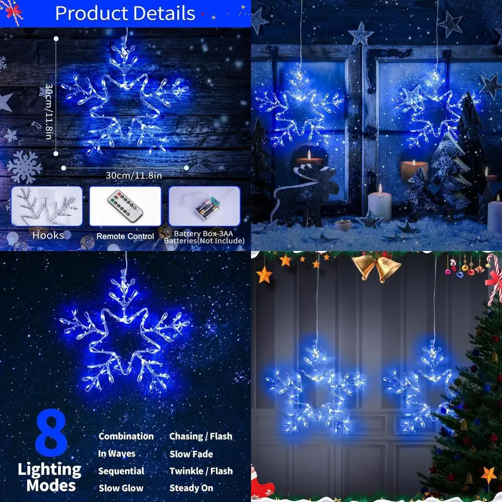 

4-компонентные светодиодные оконные фонари в виде снежинок, рождественские подвесные украшения с 8 режимами, идеально подходят для внутреннего и наружного праздника