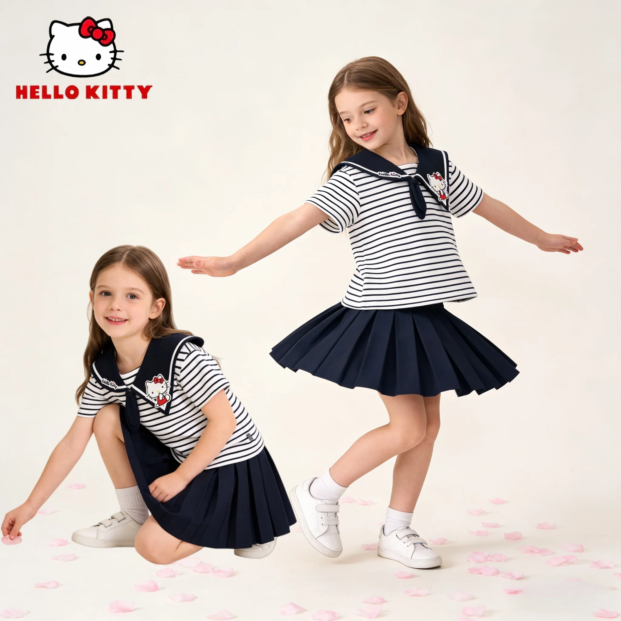 

Детский костюм Hello Kitty в темно-синем стиле с короткими юбками и короткими рукавами, костюм с короткой юбкой в полоску для девочек, весенне-летний удобный костюм