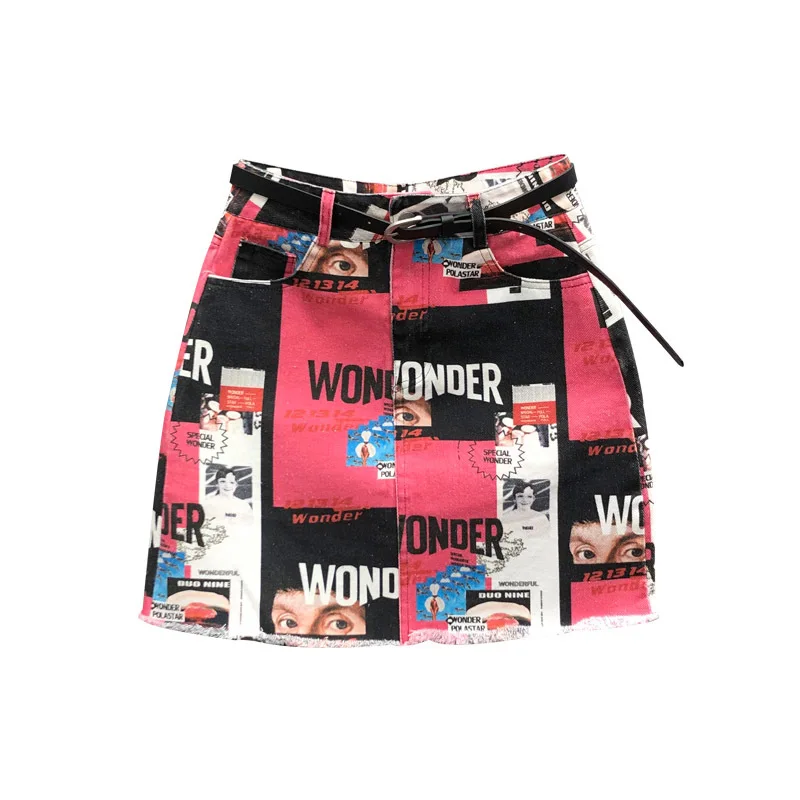 Spliced Fashion Print Denim Skirt Women Streetwear Loose High Waist Mini Skirt 2024 Summer Casual A-Line Jeans Skirts Female