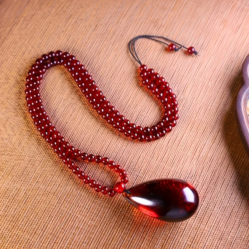 Baltic Amber - Beeswax Droplet Blood Amber Pendant, Men's and Women's Long Sweater Necklace