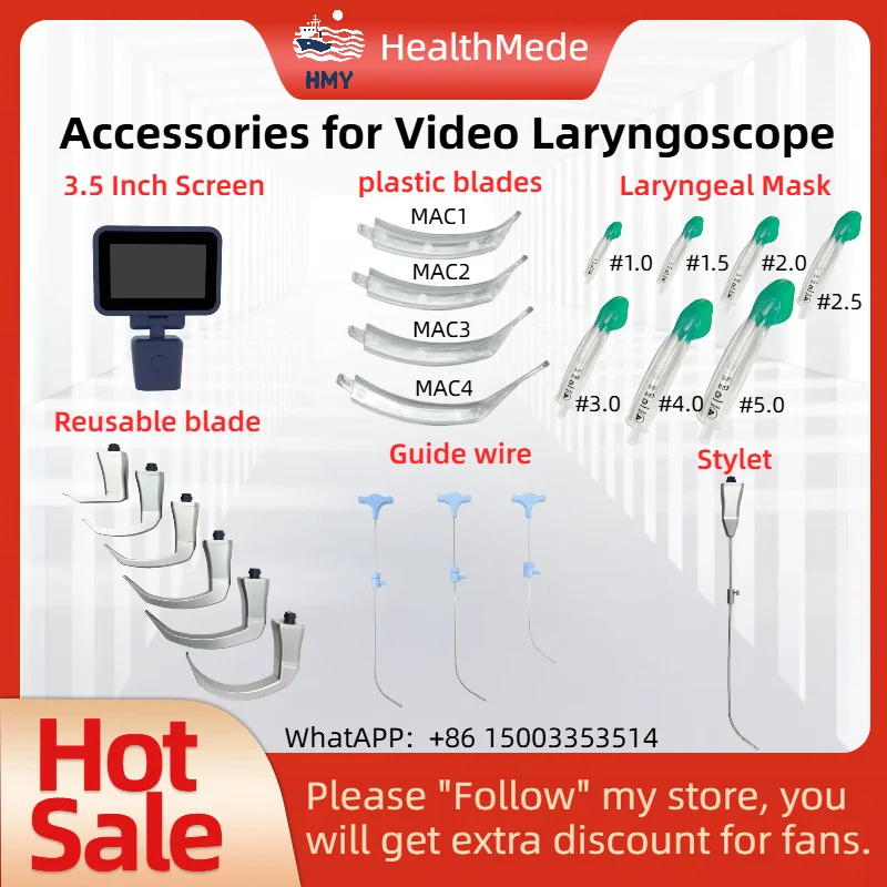Accessories for Video Laryngoscope Stainless Steel Blades, Laryngeal Mask Airway, guide wire, and Screen