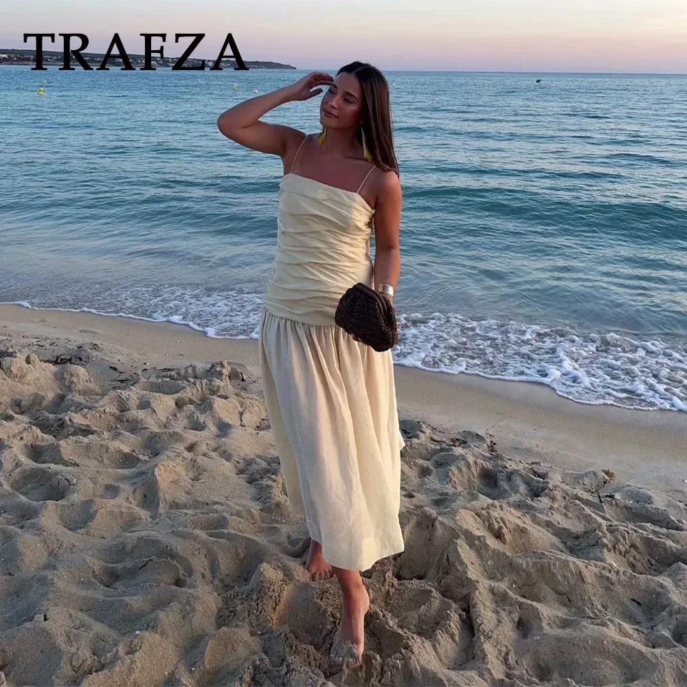TRAFZA 2024 Spring Summer Beach Style Women Dresses Fashion Casual Folds Solid Camisole Strapless Chic Ladies Long Dresses