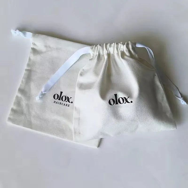 Custom Logo Printed Cotton Eco Friendly Gift  Jewelry Pouch  with Grosgrain Gift Dust Cotton Drawstring Pouch For jewelry