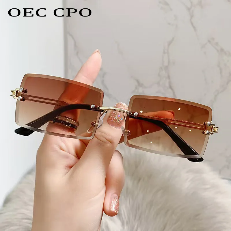

OEC CPO Fashion Rimless Rectangle Sunglasses Women Vintage Small Clear Ocean Gradient Sun Glasses Female Shades UV400 Eyewear