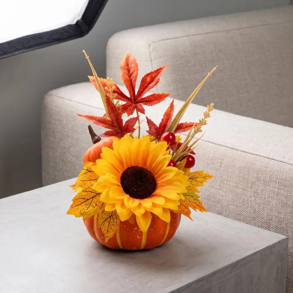 Artificial Pumpkin Decor Silk Sunflower Maple Leaf Decor Artificial Pumpkin Table Centerpiece with Sunflowers Maple Leaves Pine