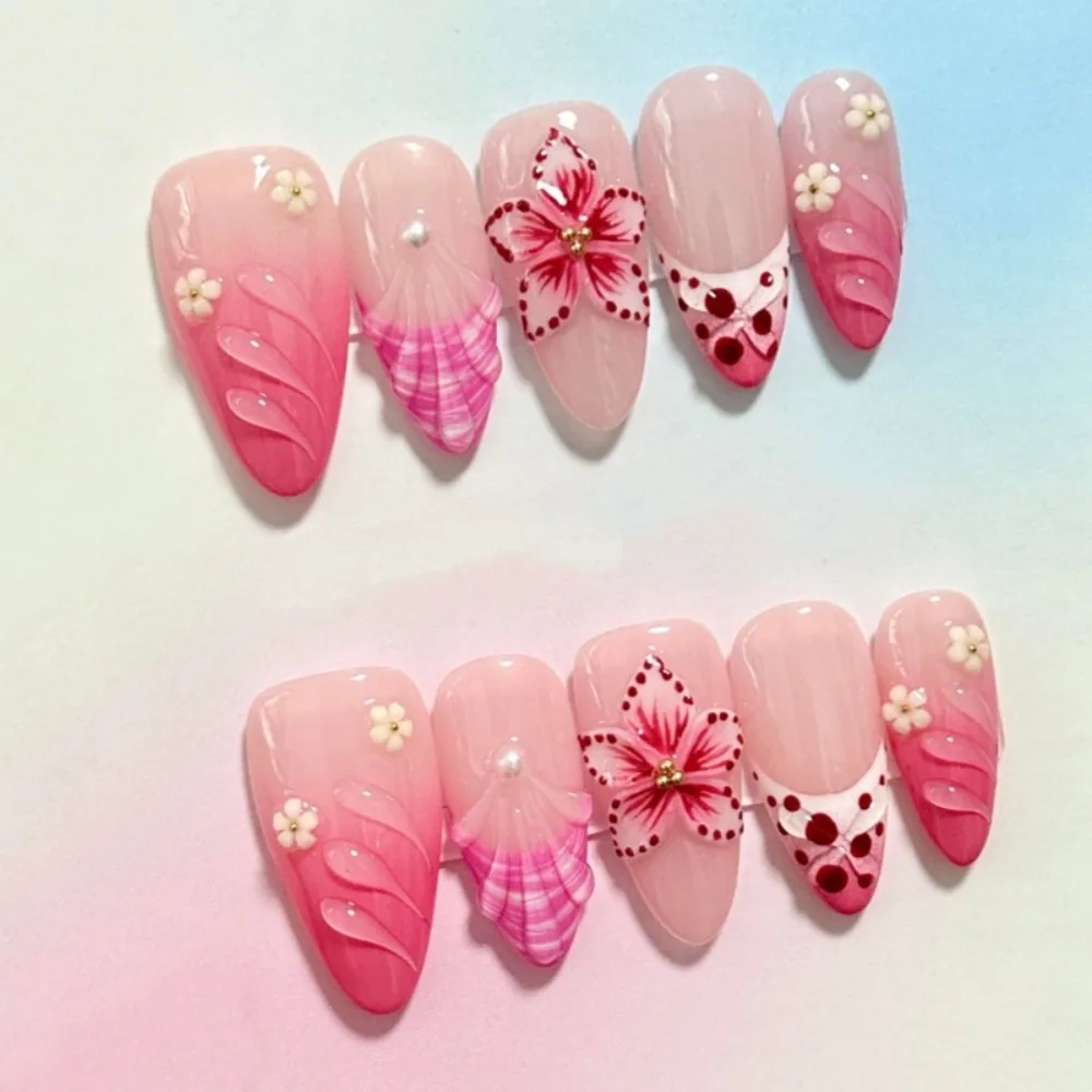 

24pcs high-end nail art, sweet European and American girls, French style wearing armor, three-dimensional carved almond shaped fake nails