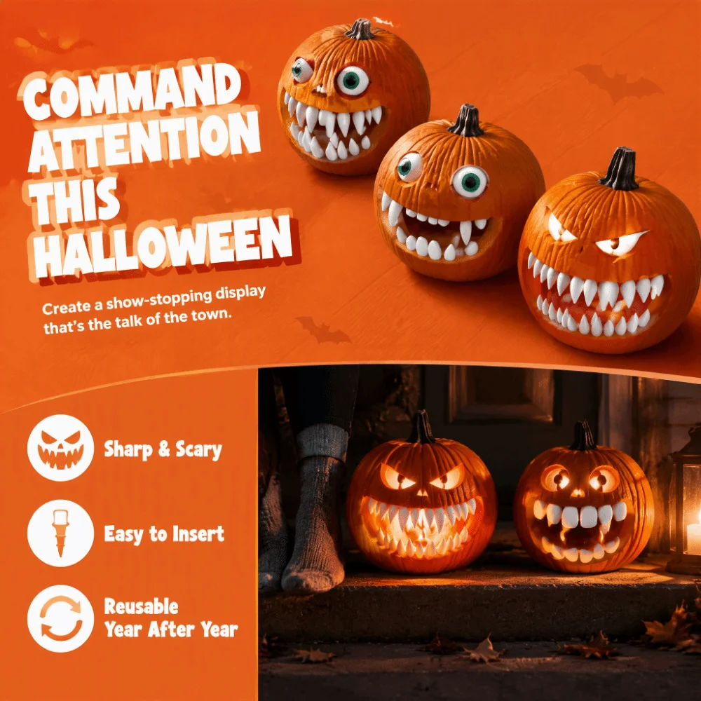 26/27Pcs 3D Printed Pumpkin Teeth Round Teeth DIY Fangs Teeth Set Reusable Easy Install Jack O Lantern Teeth Halloween Party