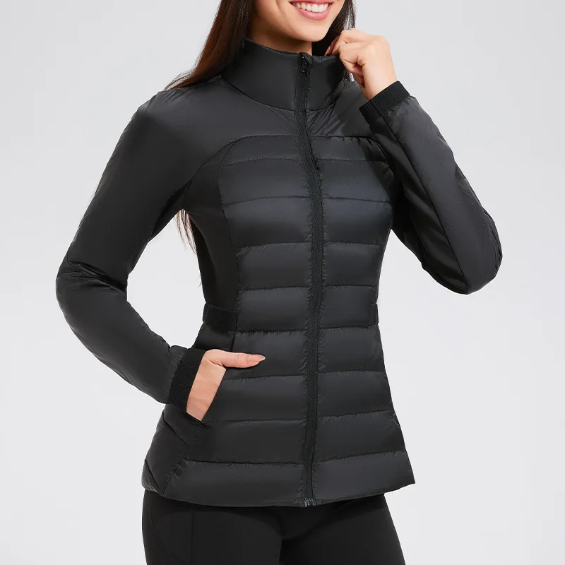MAQVOB Women Slim Fit Down Jacket Stand Collar Waterproof Windproof Autumn Winter Warm Mid-Length Black Fitness Running Jacket