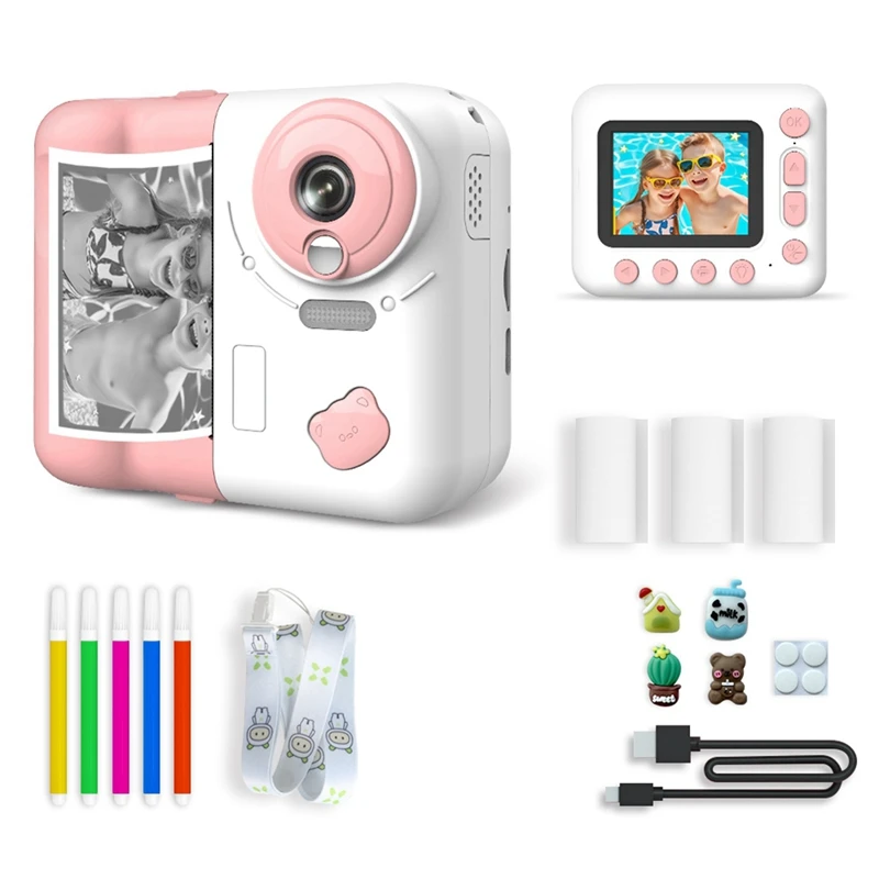 子供用インスタントプリントデジタルカメラ,1080p HDカメラ,2.4インチIPSスクリーン,10倍光学ズーム,32GB TFカード,ピンク