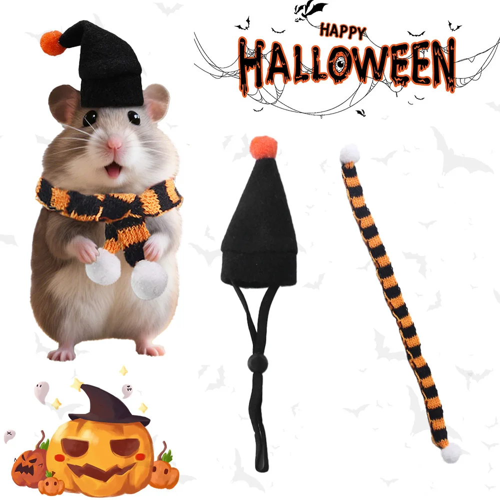 Halloween-Set aus gestrickter Hamstermütze und Schal, Mini-Kostüm für kleine Tiere, Halloween-Kostüm für Haustiere, Outfit für Feiertage, Weihnachtsfeier