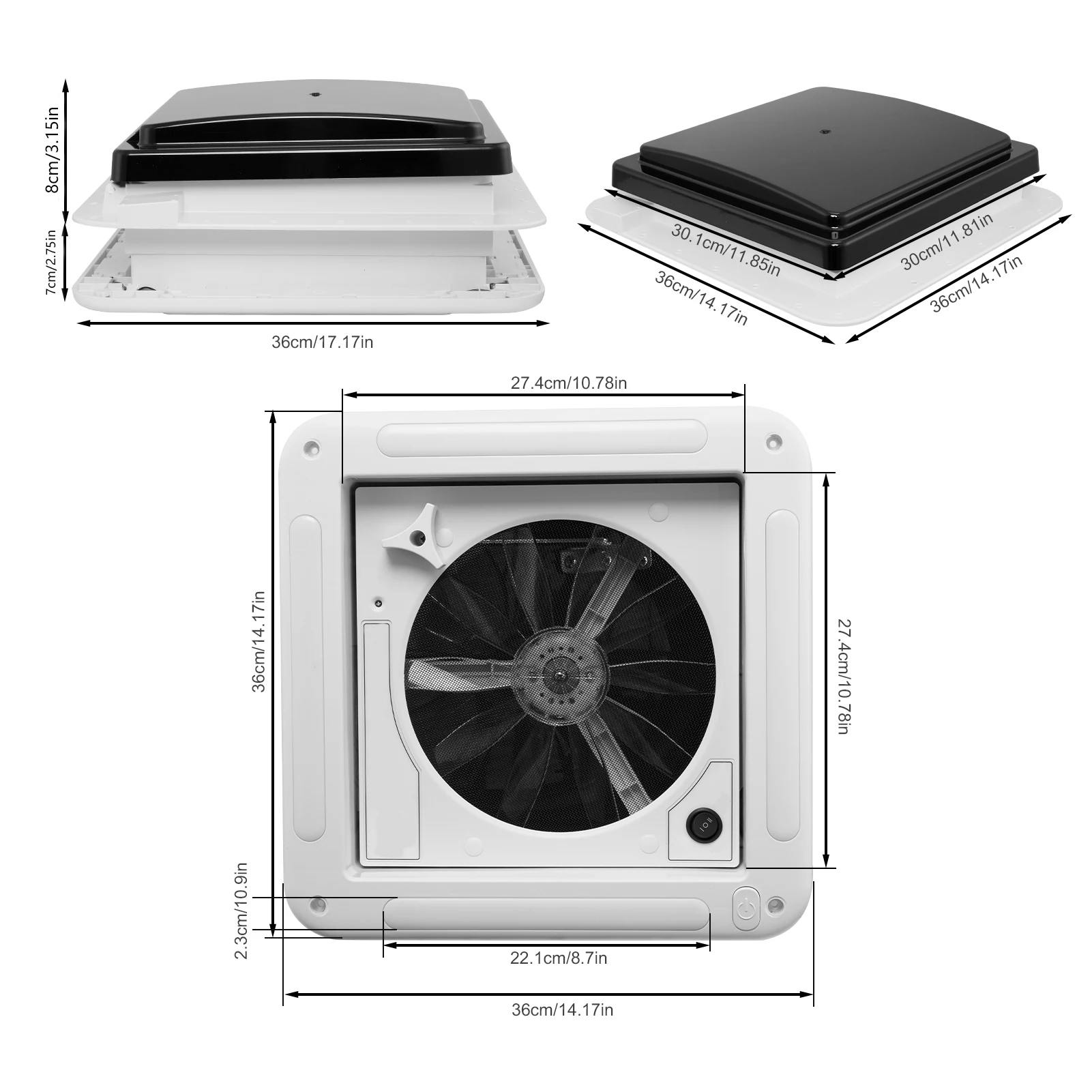 12V RV Dachventilator 28*28cm mit LED-Licht, Dachfenster-Abluftventilator für Wohnmobil- und Caravan-Belüftung