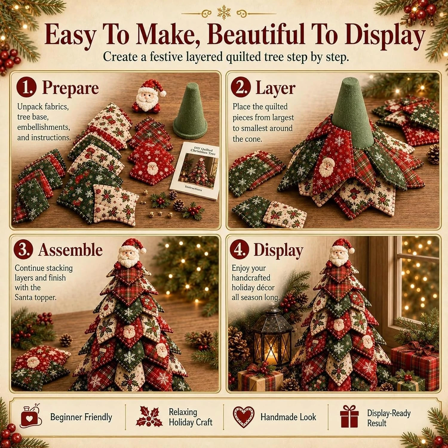 DIY Quilted Christmas Tree Fabric Toy Handcraft Beginner‑Friendly 3D Tabletop Christmas Sewing Kit Santa Claus Decoration