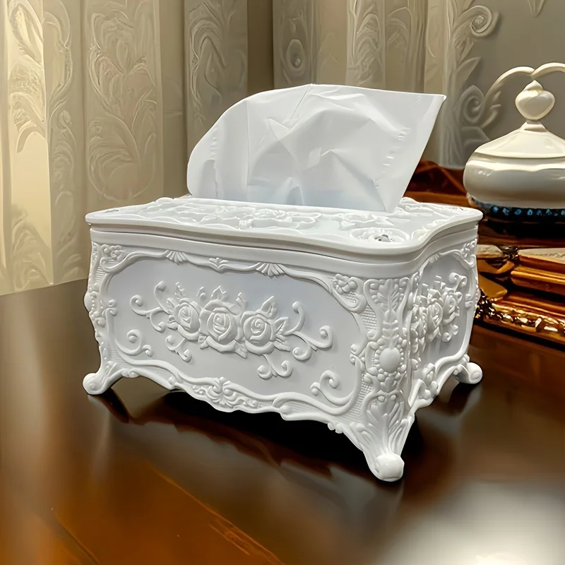 Elegant White Rose Pattern Tissue Box Holder- Square Plastic Napkin Dispenser