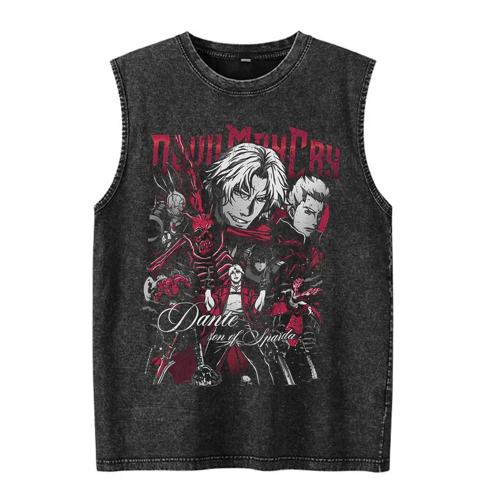 Devil May Cry Son of Sparda Vergil Game Vintage Washed Tank Tops T Shirt Men's Clothing Casual Oversized Sleeveless Vest T-shirt