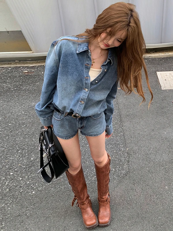 Slimming plus Size Denim Set Women's Spring Autumn New Style Shirt And Shorts Two Piece Suit High Waist Long Sleeve Casual Ou...