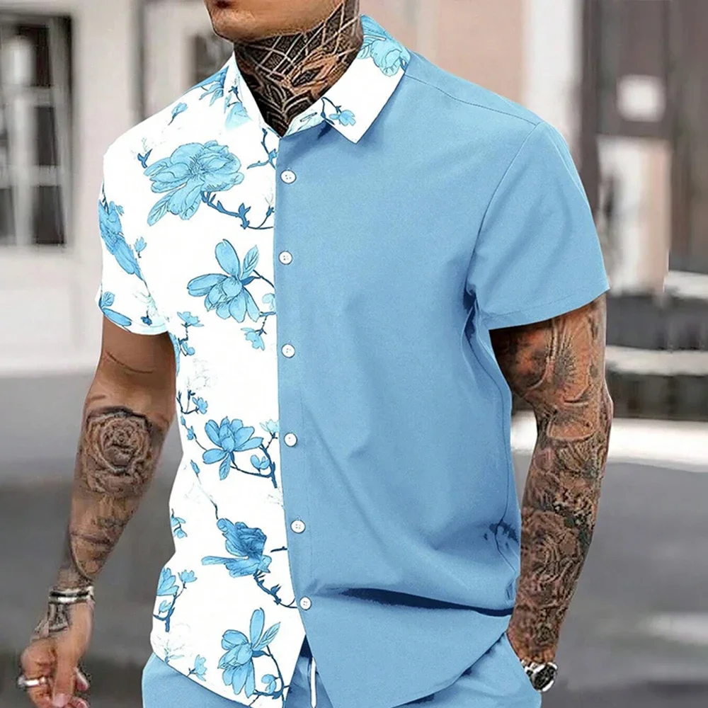 

Dress Shirts Men's Hawaiian Outfits Short Sleeve Button Darts Shirts Tracksuits New Patchwork Colors Lapel Shirt Hawaii Style