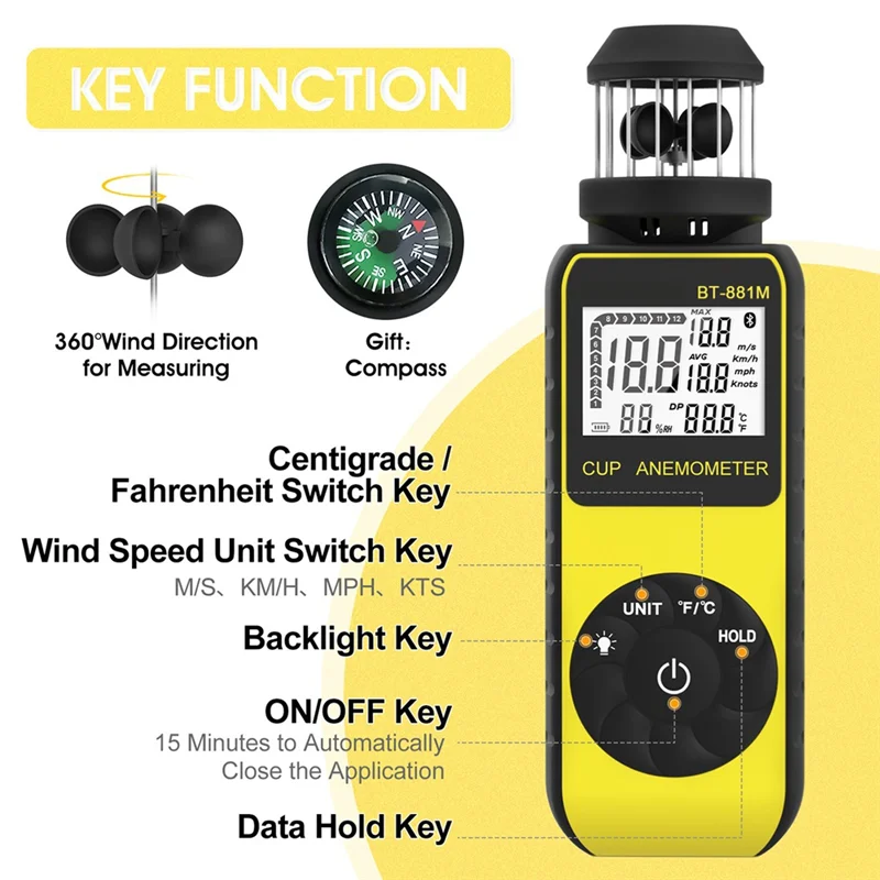 AK51-BT-881M Misuratore anemometro digitale - Palmare con 360 °   Rotazione per la misurazione della velocità e della temperatura del vento