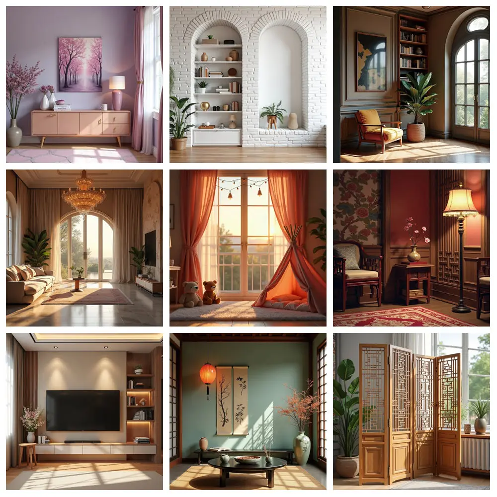 

MOON.QG Interior Living Room Home European Wall Background Photography Cabinet Sofa Window Light Curtain Backdrop Photo Studio